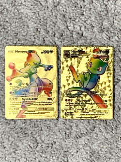 Set of 2 Mewtwo GX HP190+Mew VMax HP310 Rainbow Gold Foil Fan Art Display Card - Image 1