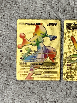 Set of 2 Mewtwo GX HP190+Mew VMax HP310 Rainbow Gold Foil Fan Art Display Card - Image 2
