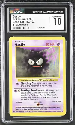 CGC 10 GEM MINT Gastly 1999 Base Set 50/102 Shadowless Pokemon Card - Image 1