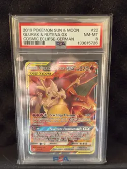 2019 Pokemon Sun & Moon Glurak & Rutena GX Cosmic Eclipse German PSA 8 - Image 1