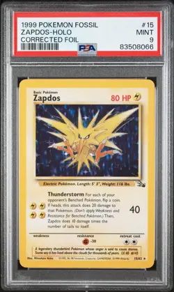 1999 Pokemon Fossil - Zapdos #15 Corrected Error (RARE) - Holo PSA 9 Mint - Image 2