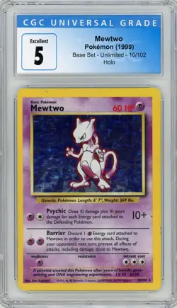 CGC 5 Subgraded Mewtwo 1999 Pokemon Base Set Unlimited 10/102 Holo Rare - Image 1