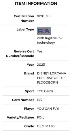 2023 YOU CAN FLY! Disney Lorcana ROTF EN 2 - #133 PSA 10 GEM MINT - Image 5