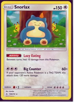 2019 POKEMON SNORLAX 158/214 w/ Pikachu-UNBROKEN BONDS-RARE- HOLO-NM/LP (S1) - Image 1