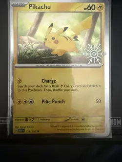 Pikachu 25/165 Holiday Stamed Promo Pokemon TCG Scarlet & Violet Card NM - Image 1