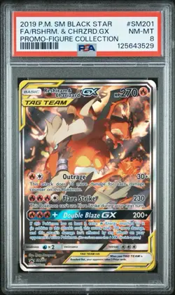 2019 POKEMON BLACK STAR PROMO SM201 FULL ART/RESHIRAM & CHARIZARD GX PSA 8 - Image 1