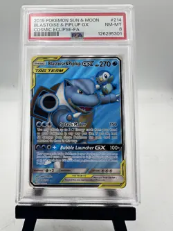 2019 POKEMON SUN & MOON COSMIC ECLIPSE #214 FULL ART/BLASTOISE & PIPLUP GX PSA 8 - Image 1
