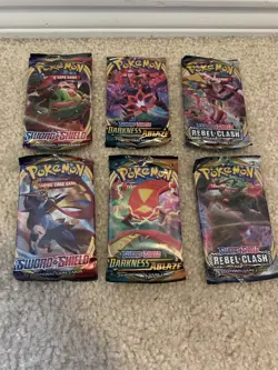 Pokemon TCG Sword and Shield Darkness Ablaze Rebel Clash Booster Packs Lot of 6! - Image 1