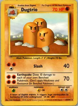 Dugtrio 19/102 Rare Base Set Unlimited Pokemon Damaged - Image 1