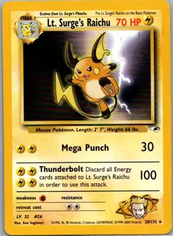 Lt. Surge's Raichu 28/132 Rare Gym Heroes Pokemon Unlimited Moderately Played - Image 1