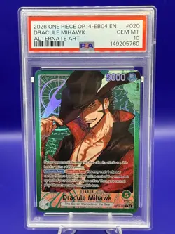 One Piece op14-eb04 The azure sea's seven Dracule Mihawk Alt Art Leader PSA 10 - Image 1