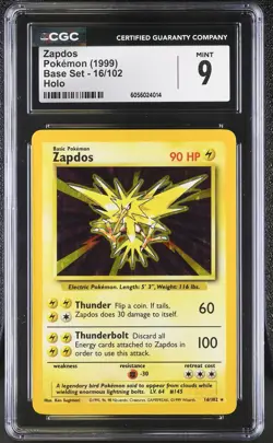 CGC 9 MINT Zapdos 1999 Base Set 16/102 Holo Pokemon Card psa - Image 1