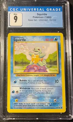 CGC 9 MINT Squirtle 1999 Base Set 63/102 Pokemon Card - Image 1