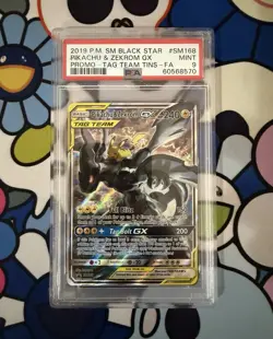 2019 Pokemon Black Star Promo Pikachu & Zekrom GX SM168 Sun Moon Tag Team PSA 9 - Image 1