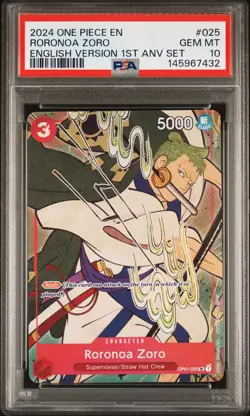 2024 ONE PIECE ENGLISH VERSION 1ST ANV SET #025 RORONOA ZORO PSA 10 - Image 1