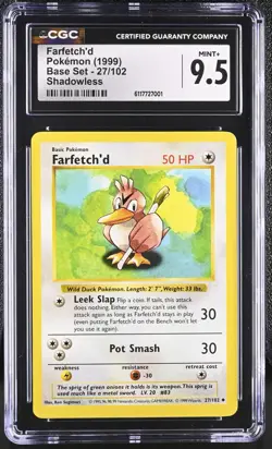 Pokemon Card Farfetch'd 27/102 Shadowless Base Set 1999 CGC 9.5 MINT+ - Image 1
