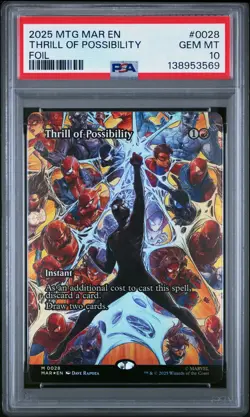2025 MTG MARVEL'S SPIDER-MAN: SOURCE MAT FOIL #0028 THRILL OF POSSIBILITY PSA 10 - Image 1