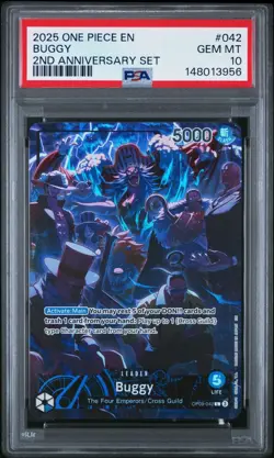 2025 ONE PIECE OP09 042 BUGGY ENGLISH 2ND ANNIVERSARY SET LEADER PROMO PSA 10 - Image 1
