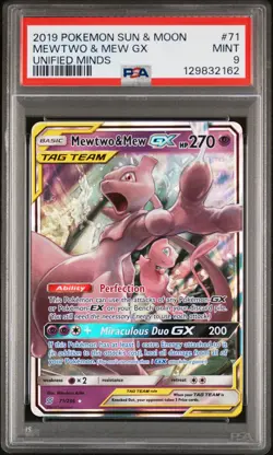 2019 POKEMON SUN & MOON UNIFIED MINDS #71 MEWTWO & MEW GX PSA 9 - Image 1
