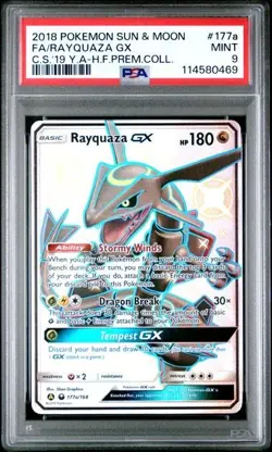 STRONG PSA 9 MINT Pokemon Rayquaza GX Premium Collection Hidden Fates #177a 2018 - Image 1