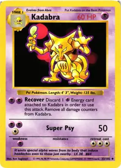 Pokemon TCG Kadabra 32/102 Uncommon Shadowless Base Set MP - Image 1