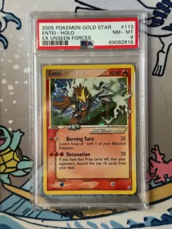 2005 Pokemon Ex Unseen Forces Gold Star 113 Entei Holo Psa 8 NM Mint - Image 1