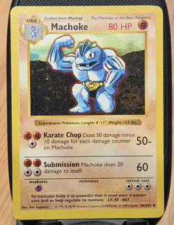 Machoke 34/102 Shadowless Base Set 1999 WOTC Pokemon Card - LP - Image 1