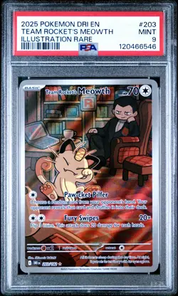 2025 POKEMON DRI EN-DESTINED RIVALS ILLUSTRATION RARE TEAM ROCKET'S MEOWTH PSA 9 - Image 1