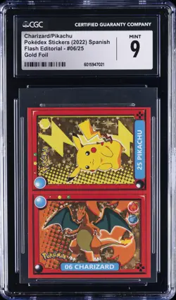 2022 POKEMON POKEDEX STICKERS SPANISH #06/25 CHARIZARD/PIKACHU CGC 9 - Image 1