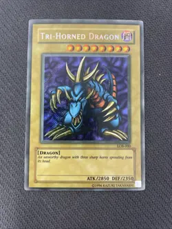Yugioh Tri-Horned Dragon LOB-000 Secret Rare Unlimited Holo Card - Image 1