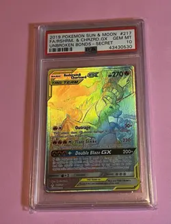 2019 Pokemon SM Unbroken Bonds Reshiram & Charizard GX #217/214 Secret PSA 10 - Image 1