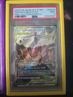 PSA 9 Pokemon Espeon & Deoxys GX SM Black Star SM240 TAG TEAM Promo Holo - Image 1
