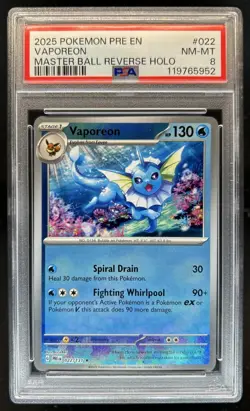 2025 Pokemon Prismatic Evolutions Vaporeon Reverse Master Ball #022/131 PSA 8 - Image 1