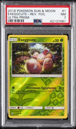 2018 POKEMON SUN & MOON ULTRA PRISM #1 EXEGGCUTE-REVERSE FOIL PSA 7 - Image 1
