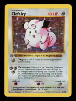 Pokemon Card Clefairy 5/102 1st Edition Shadowless Base Set Holo Vintage LP 1999 - Image 1
