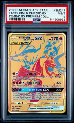 2021 POKEMON BLACK STAR PROMO #SM247 FULL ART/RESHIRAM & CHARIZARD GX PSA 9 MT - Image 1
