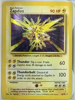 Pokemon Zapdos Base Set Holo Rare 90 HP 16/102 Wizards of the Coast 1999 - Image 1