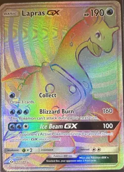 Pokemon Lapras GX TCG Card 151/149 Secret Rainbow Rare, Sun & Moon Base Set - Image 1