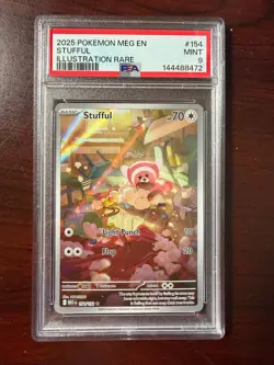 2025 Pokemon Mega Evolution #154 Stufful Illustration Rare PSA 9 Mint Card Holo - Image 1