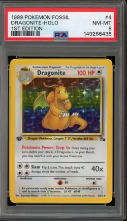 Pokemon Dragonite Fossil 1st Edition Holo Rare #4 PSA 8 - Image 1