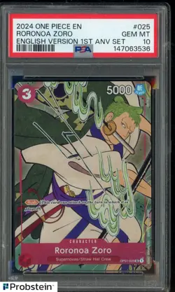 2024 One Piece EN 1st Anniv. Set #025 Roronoa Zoro PSA 10 GEM MINT - Image 1