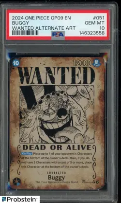 2024 One Piece OP09 EN #051 Buggy Wanted Poster PSA 10 GEM MINT - Image 1