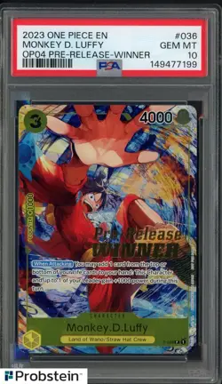 2022-23 One Piece Promo P036 Monkey D Luffy Pre-Release Tournament Winner PSA 10 - Image 1