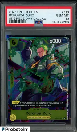 2025 ONE PIECE PROMOS ONE PIECE DAY DALLAS #113 RORONOA ZORO PSA 10 - Image 1