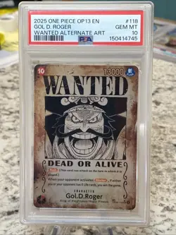PSA GEM MINT 10 ~ 2025 ONE PIECE OP-13-118 ~ GOL D. ROGER ~ "WANTED" ALT ART - Image 1