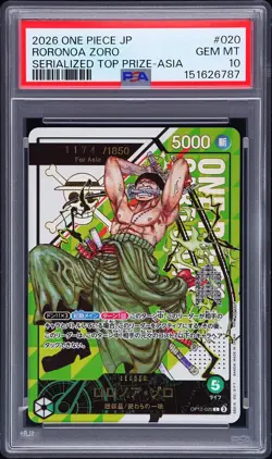 2026 ONE PIECE JPN SERIALIZED TOP PRIZE-ASIA RORONOA ZORO 1174/1850 PSA 10 - Image 1