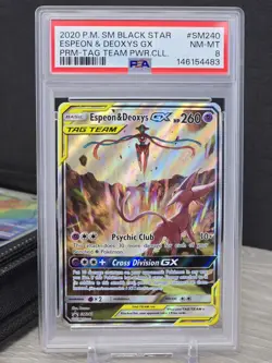 Pokemon Card Espeon & Deoxys GX SM240 Black Star Promo Tag Team 2020 Rare PSA 8 - Image 1