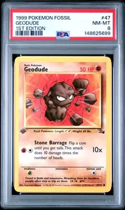 1999 POKEMON FOSSIL 47 GEODUDE 1ST EDITION NEAR MINT PSA 8 - Image 1