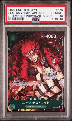 PSA 10 GEM MINT JAPANESE ONE PIECE 2022 "CAPTAIN" KID P-003 HAMPIONSHIP - Image 1