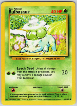 Bulbasaur 44/102 1999 Base Set Unlimited Pokemon Card WOTC Vintage Common - LP - Image 1
